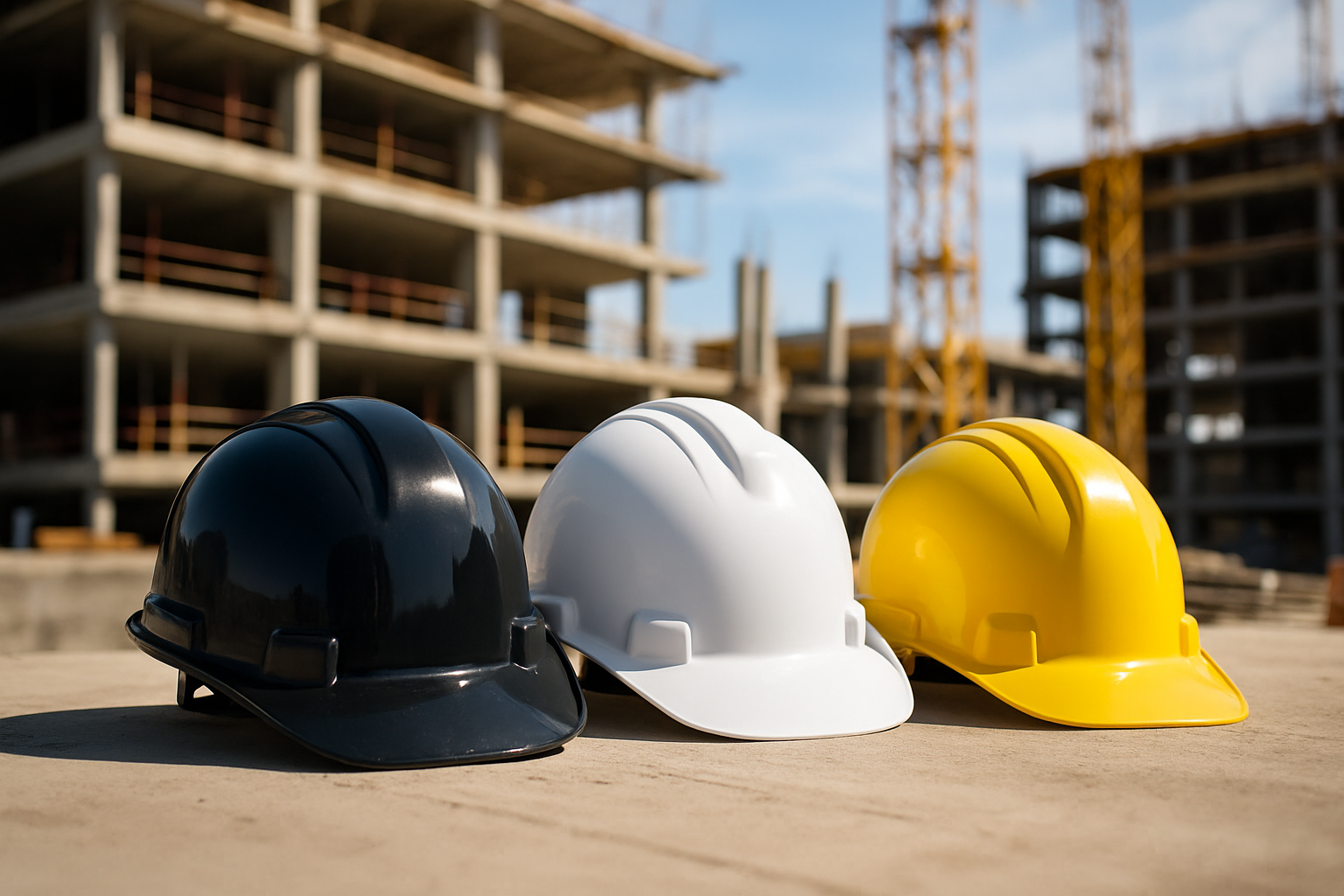 three different color hard hats sitting on a construction site.