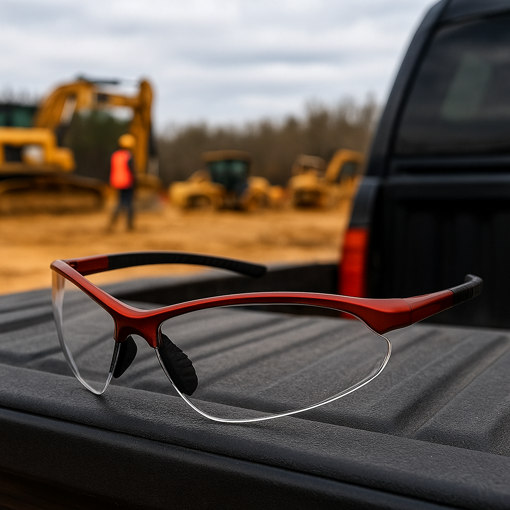 Protective Apparel safety glasses on a worksite, part of OSHA-Compliant Workwear & PPE Clothing collection.