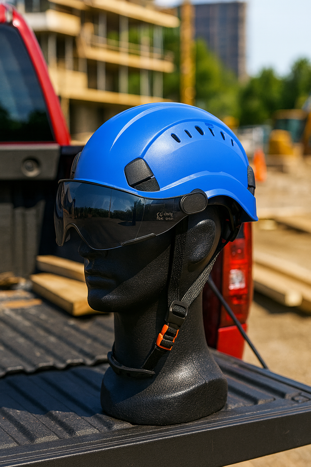 Blue hard hat with eye protection on a black mannequin head in a construction site setting.