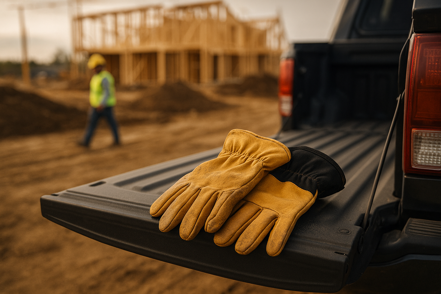 Construction Gloves on a truck tailgate