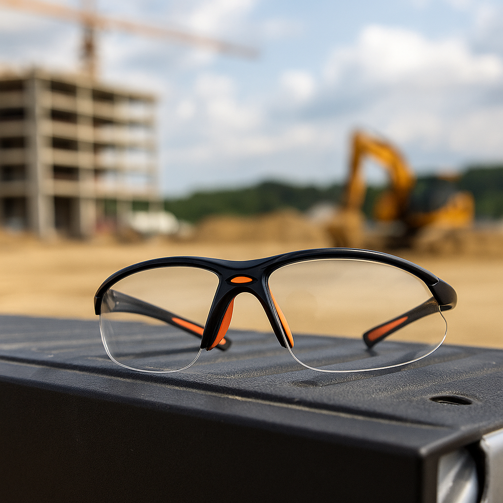 construction safety glasses sitting on the back of a truck tailgate