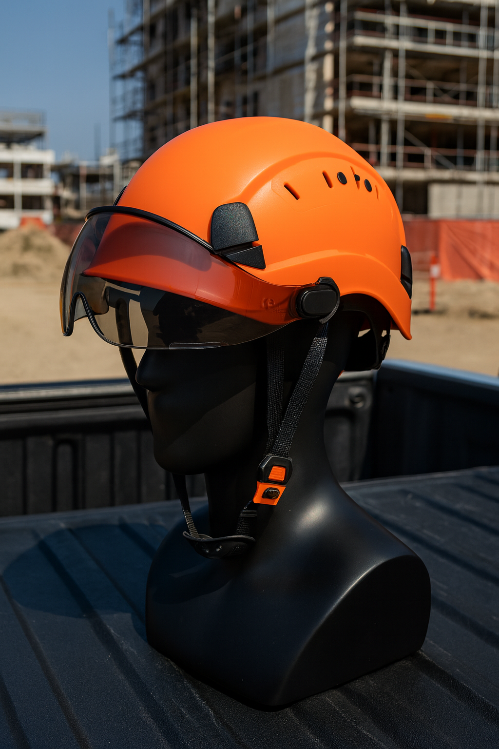 Orange hard hat on a truck tailgate