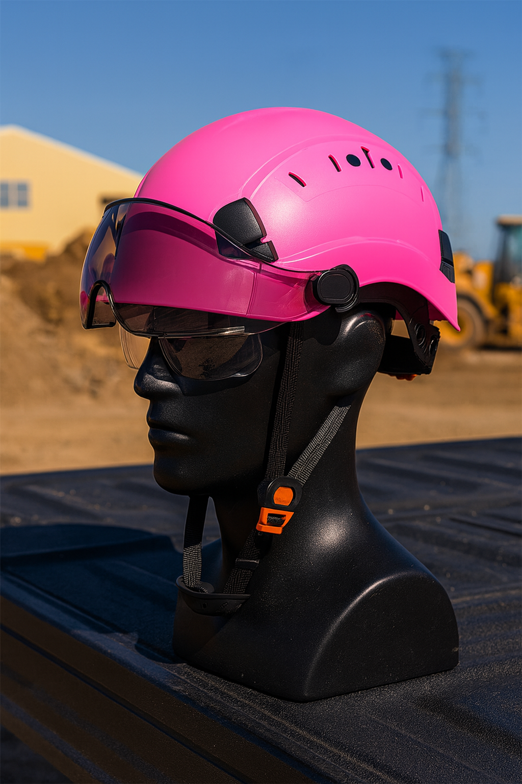 Pink hard hat on a truck tailgate on a construction site in the background.