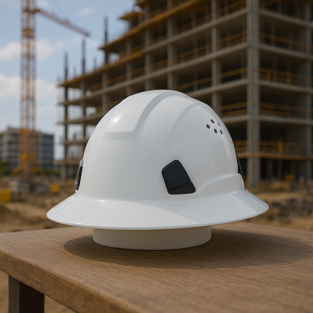 white full brim hard hat sitting on a construction site