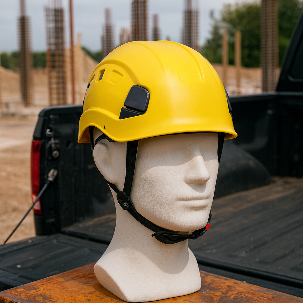 yellow hard hat on a truck tailgate