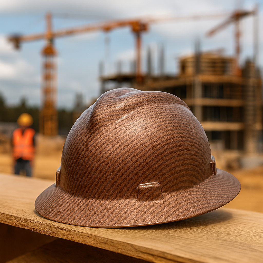 Brown Carbon Fiber Hard Hat on a construction site