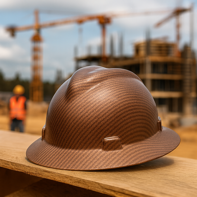 Brown Carbon Fiber Hard Hat on a construction site