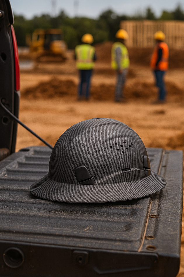 Type 2 Class C Hard Hat placed on a truck bed with construction workers in the background.
