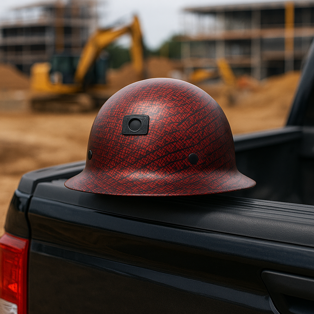 Type 2 Full Brim Hard Hat resting on a truck bed at a construction site.