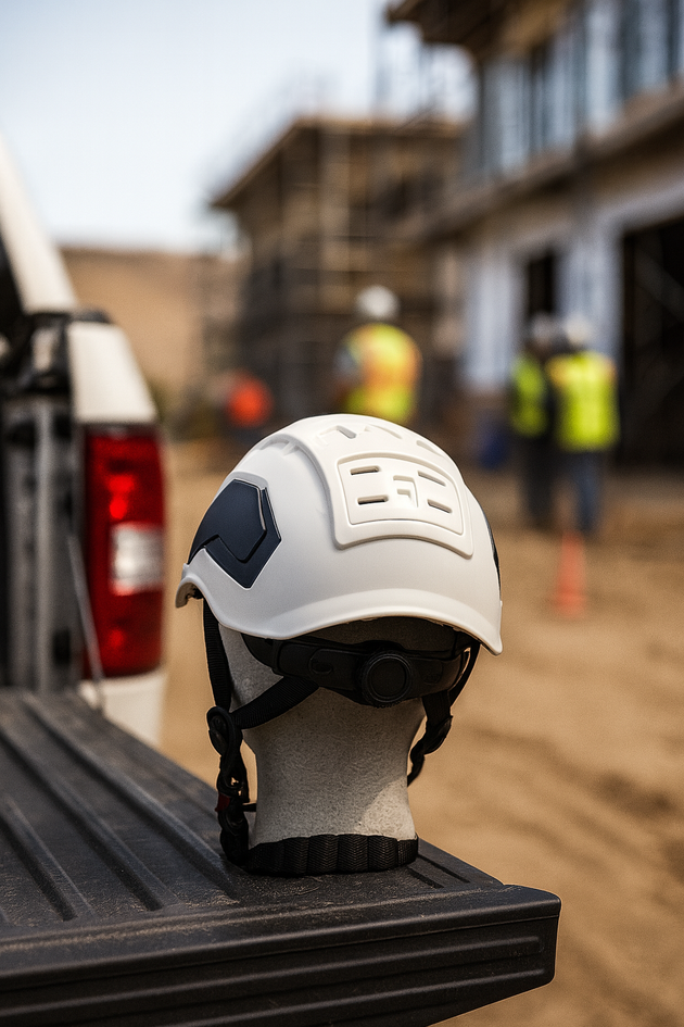 Type 2 Class E Hard Hat displayed on a truck bed, showcasing its sturdy design and construction site setting.