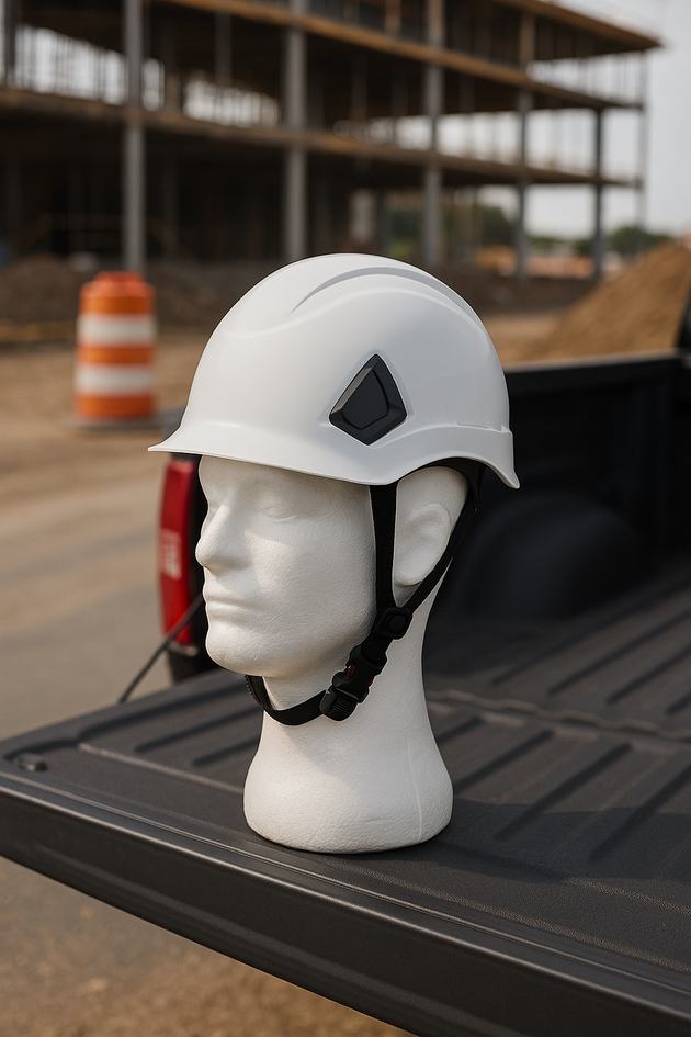 Type 2 Class E Hard Hat displayed on a mannequin head, showcasing its design at a construction site.