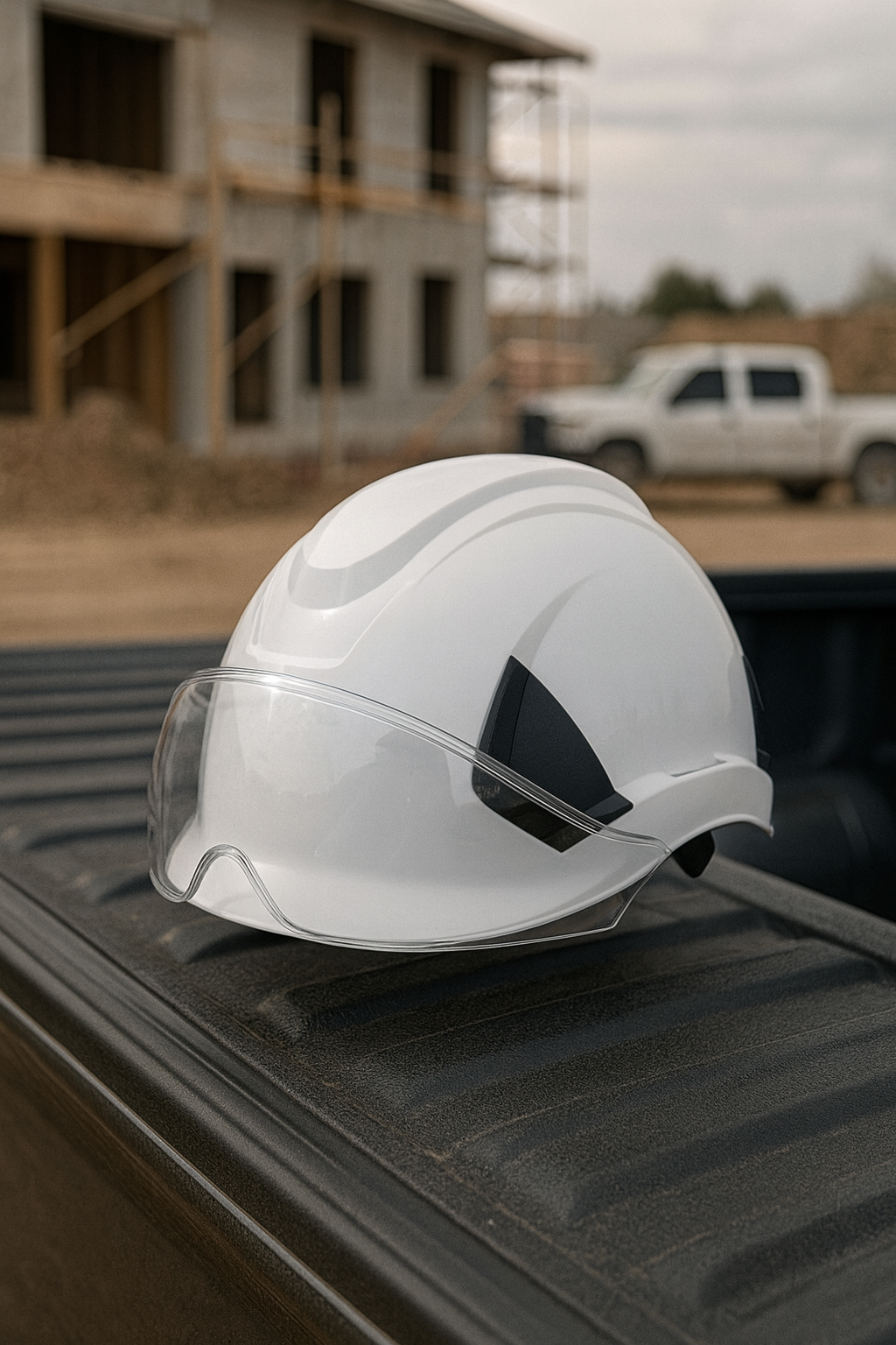 Class G Hard Hat resting on a truck bed at a construction site, showcasing its design and safety features.