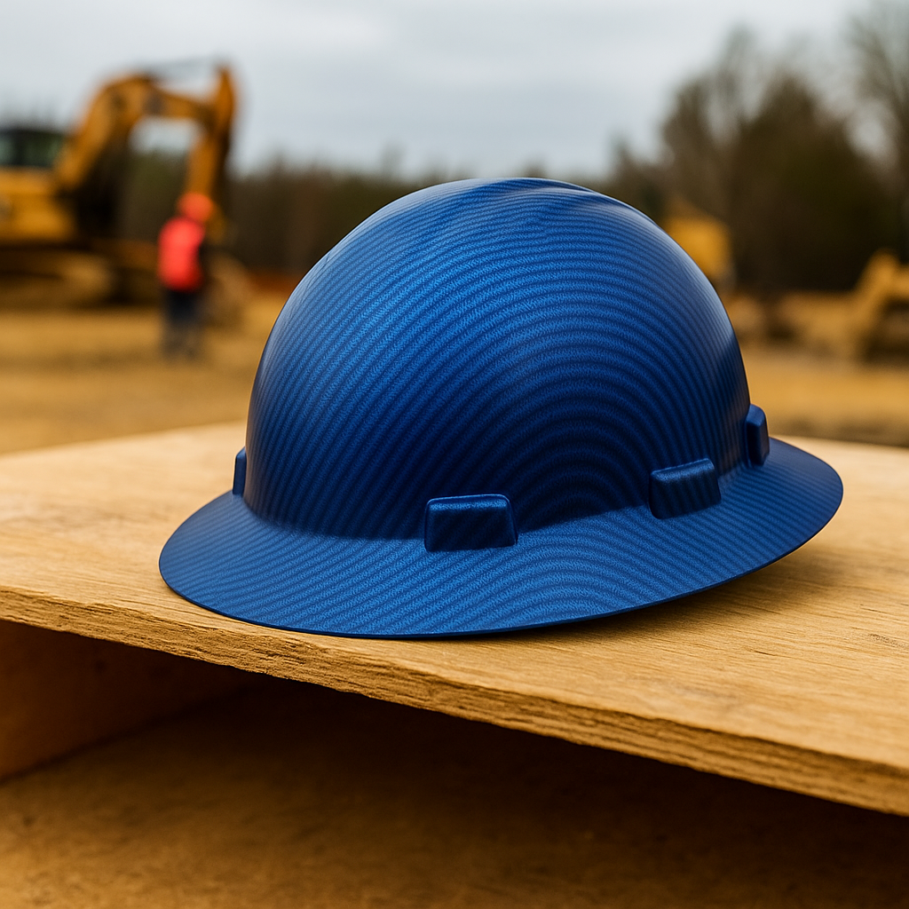 Blue Carbon Fiber Hard Hat on a construction site