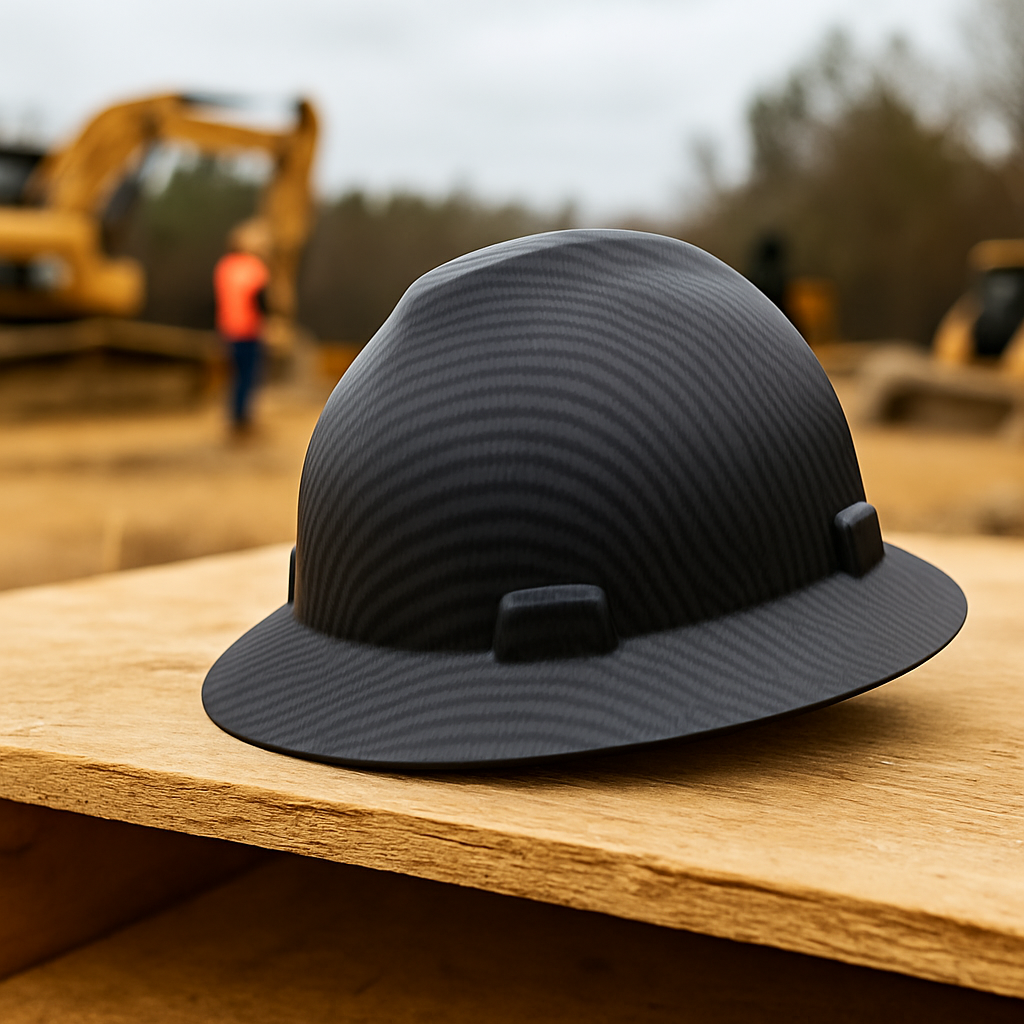 carbon fiber hard hat with a construction site in the background