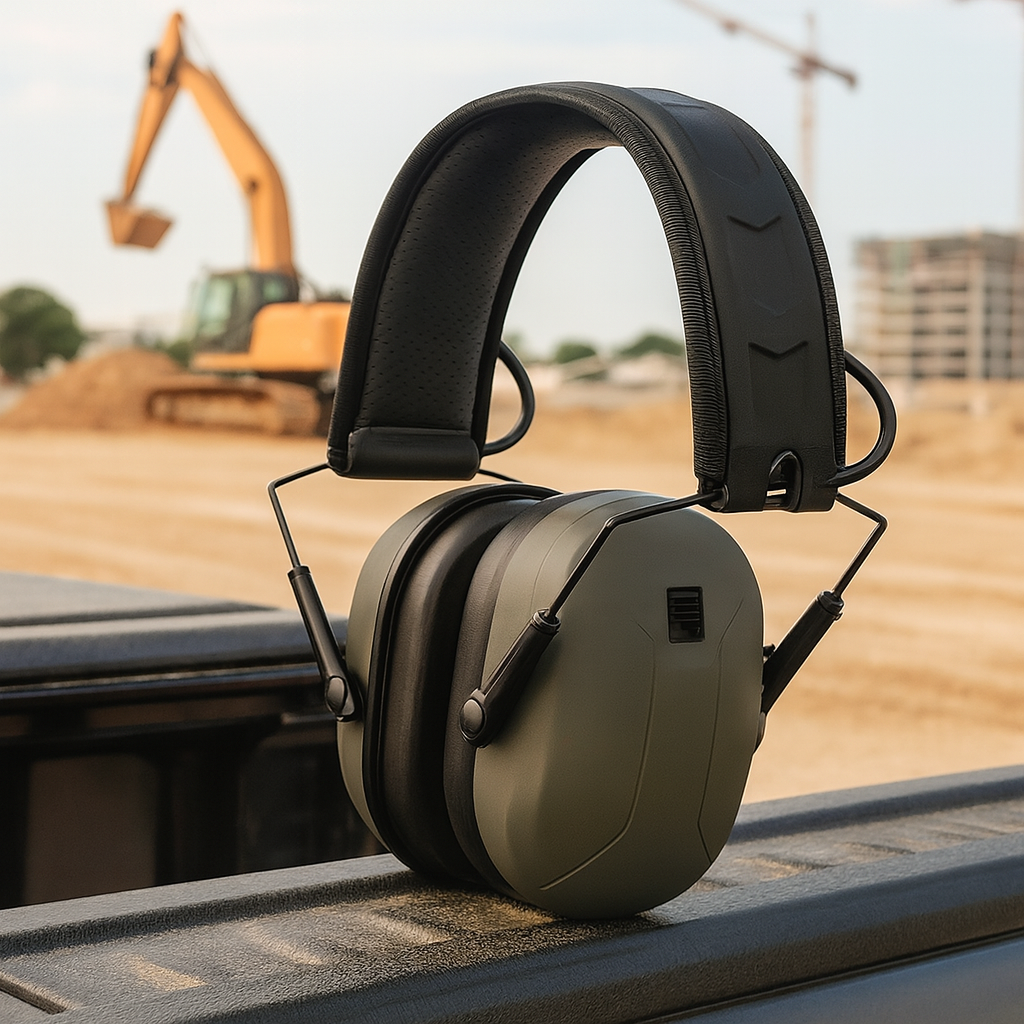 Construction hearing protection on a truck tailgate.