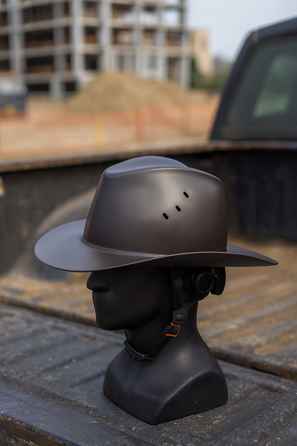 cowboy hard hat sitting on the back of a work truck