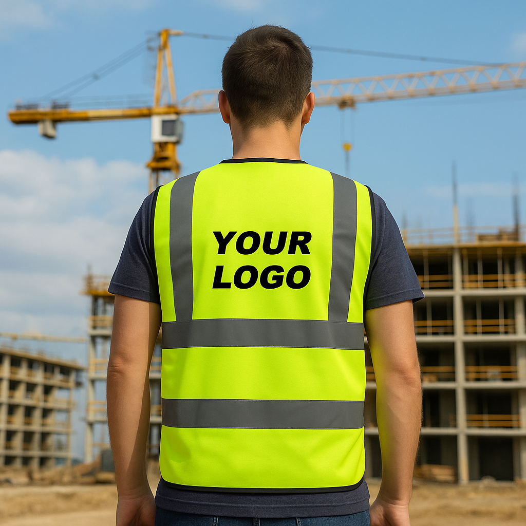 custom safety vest on a man on a construction site