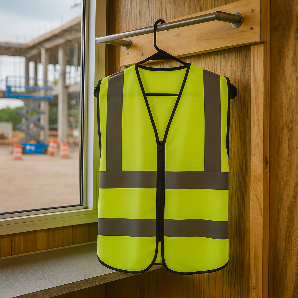 Class 3 Safety Vest hanging with a construction site in the background.