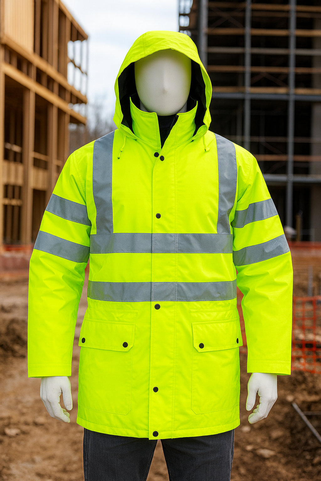 Hi Vis Winter Jacket on a man on a construction site