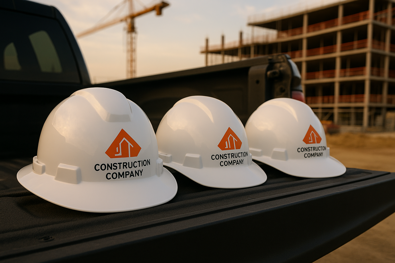 Three white hard hats with a construction company logo on a truck bed, with a construction site in the background.