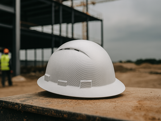 White Carbon Fiber Hard Hat on a construction site