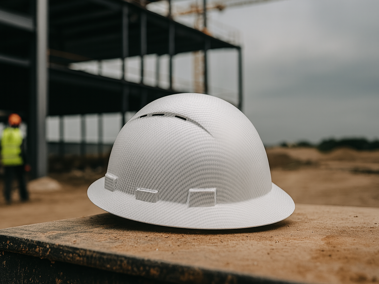 White Carbon Fiber Hard Hat on a construction site