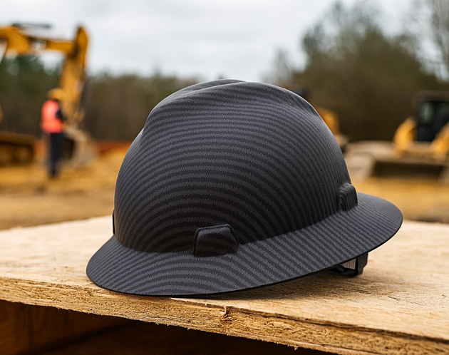 Black Carbon Fiber Hard Hat on a construction site