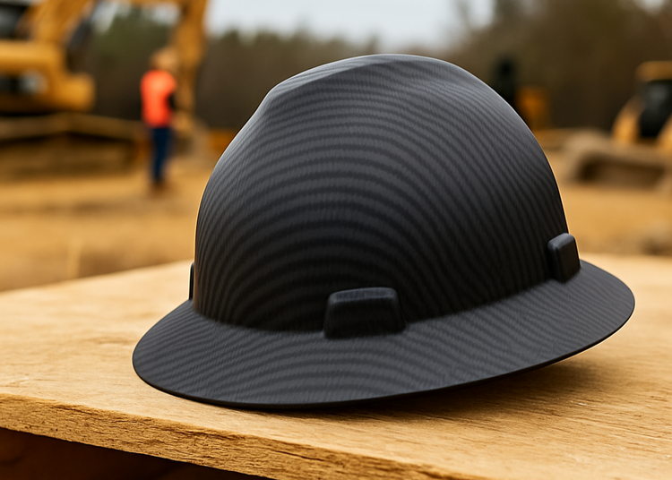 Black hard hat on a wooden surface with construction equipment in the background