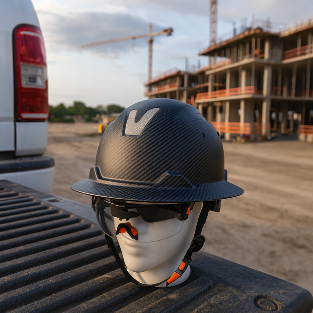 Carbon Fiber Full Brim Hard Hat displayed on a table at a construction site with cranes in the background.