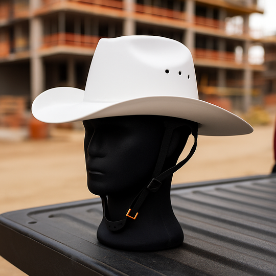 White cowboy hat on a black mannequin head with a blurred construction site background