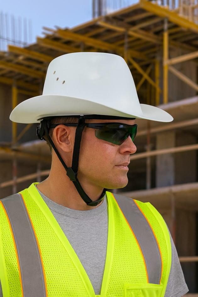 Person wearing a white cowboy hat, sunglasses, and a high-visibility vest in front of a construction site.