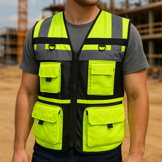 man wearing high visibility safety vest with construction background