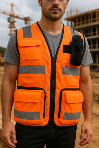 man wearing orange reflective safety vest on a construction site